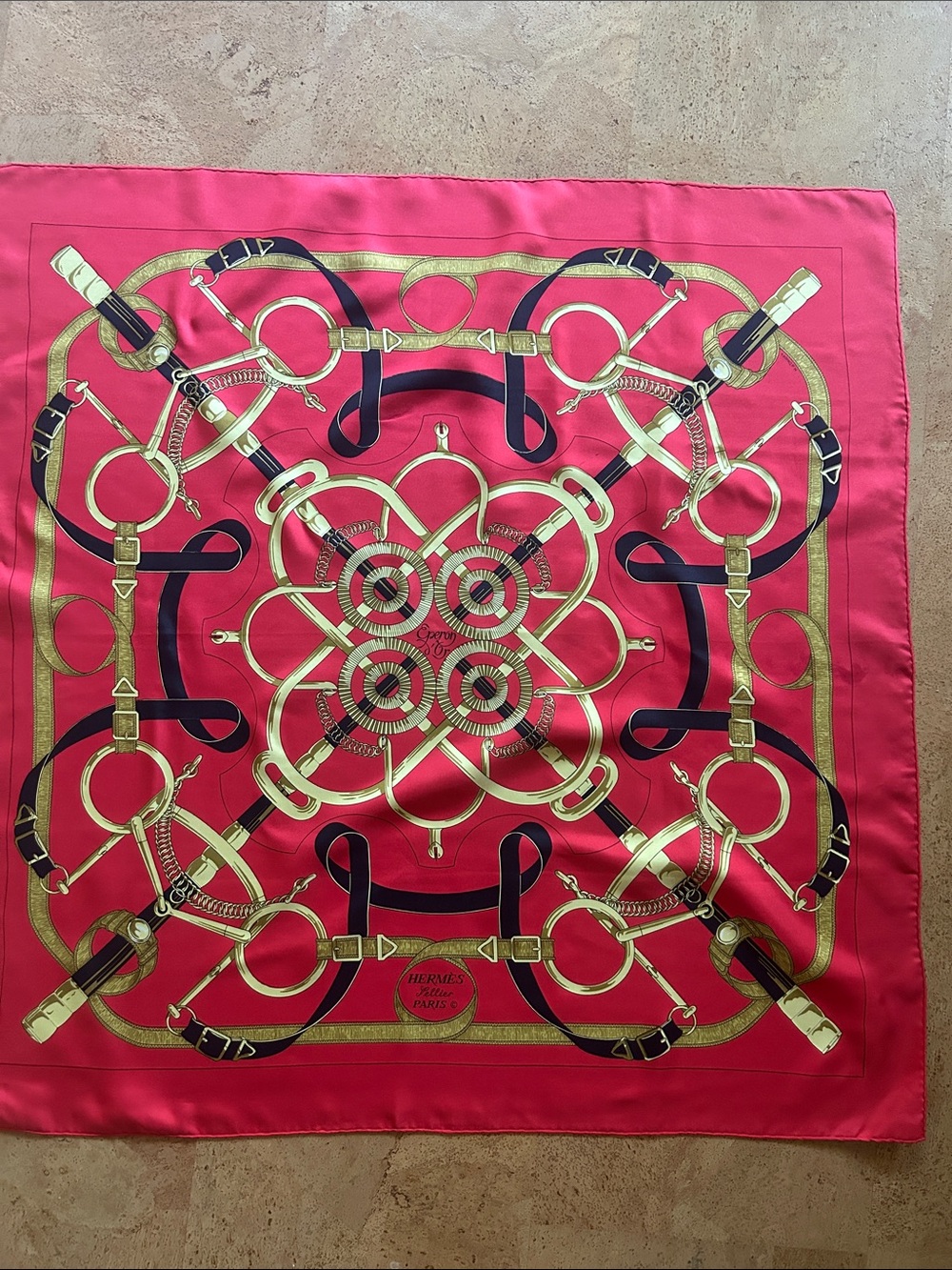 Hermes Pink Silk Scarf with Gold and Black Equestrian Design